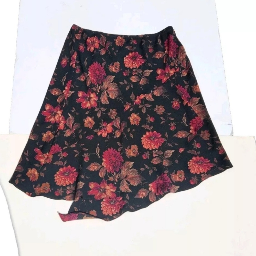 Black and Red Floral Asymmetrical Skirt, Size L